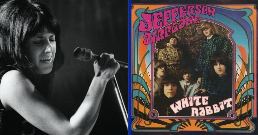 picture of Grace Slick and a poster for the song white rabbit